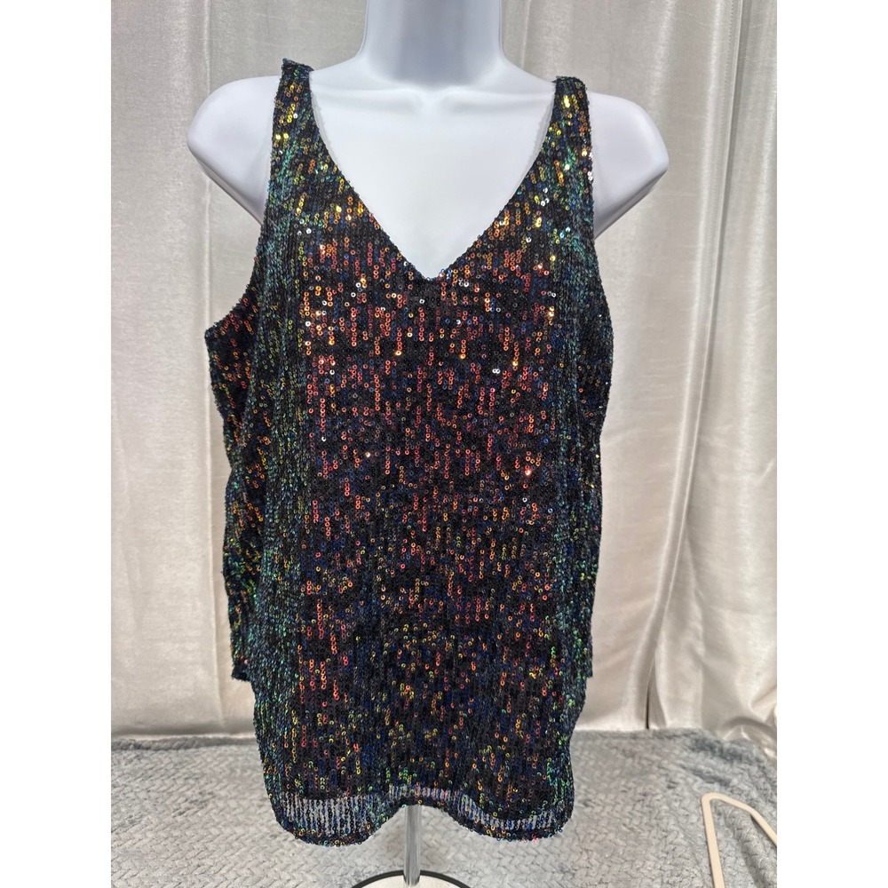 LOFT Womens Multi-Color Iridescent Sequin V-Neck Tank Top Black Small